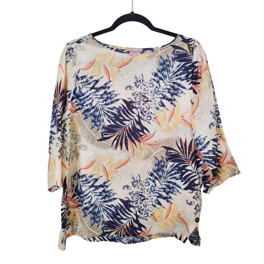 Chico's 1‎ Linen Blend Tropical Leaf Print Sleeve Shirt Top 8-10 Non Iron